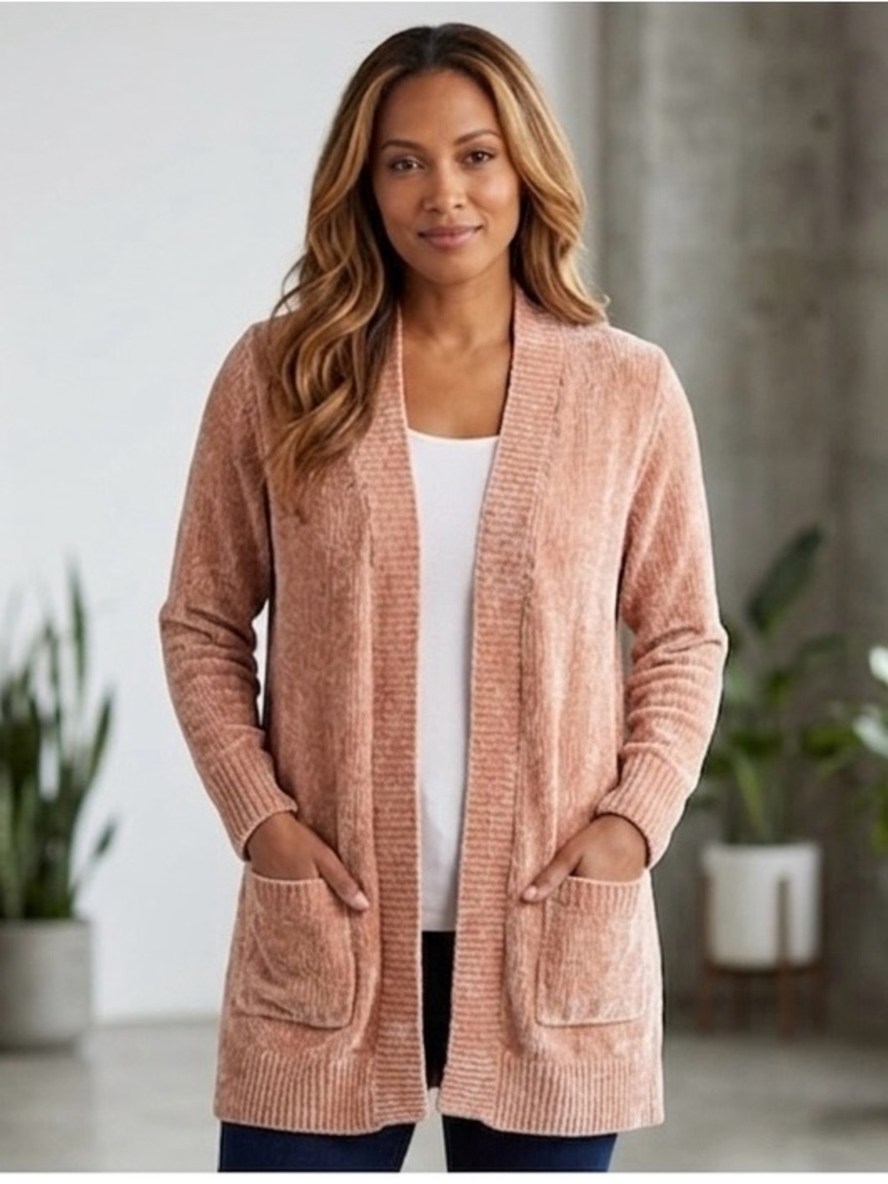 D&Co  Sweater Women's Peach Velour Open Pockets Cardigan XSP Super Soft
